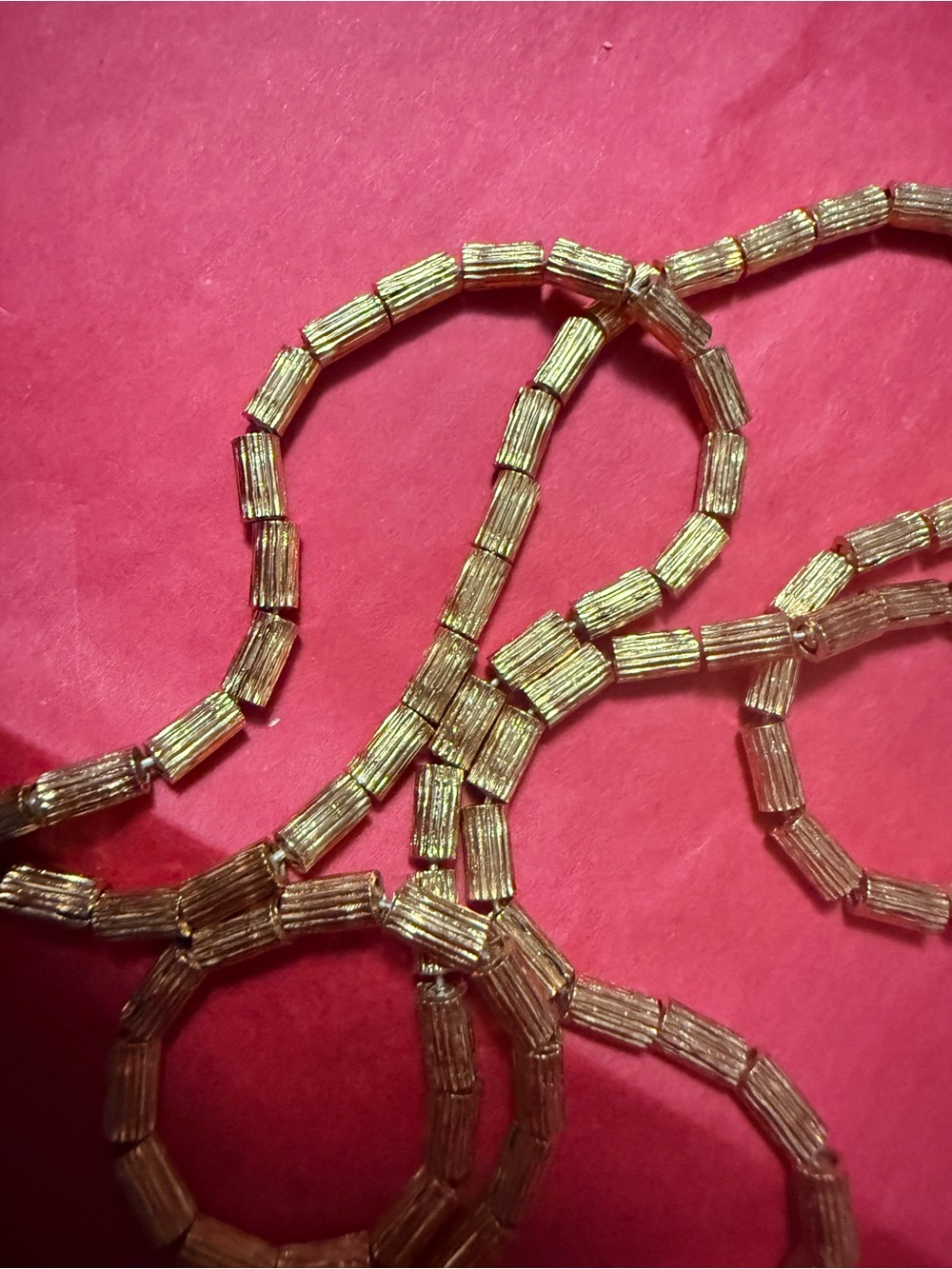 Vintage Trifari Gold Tone Textured Tube Bead Necklace 28” Key Hang Tag